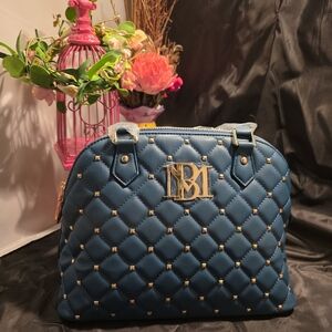 Badgley Mischka Quilted Blue Satchel with Gold Accents